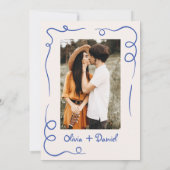 Whimsical Hand getekend  Foto Blauw bruiloft Kaart (Achterkant)