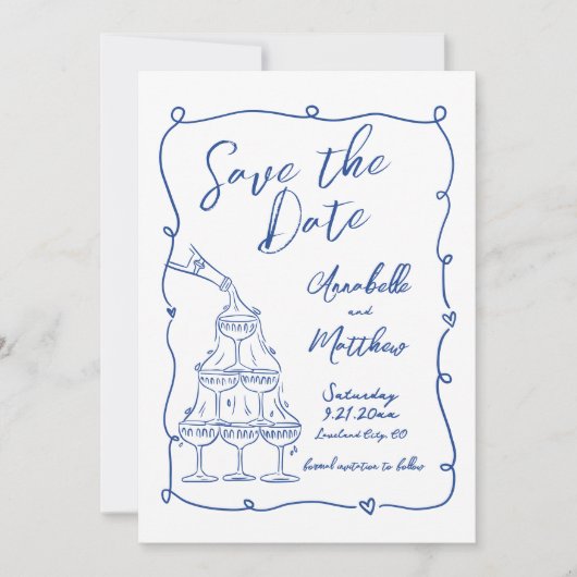 Whimsical Hand getekend Foto Blauwe bruiloft Save The Date (Voorkant)