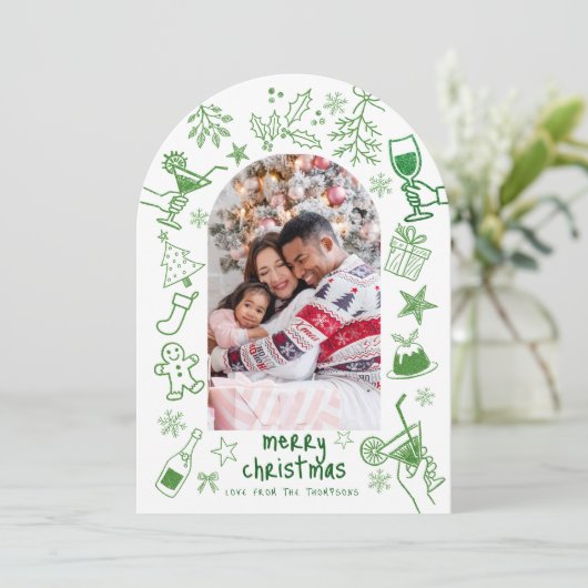 Whimsical hand getekend Foto Merry Christmas Arch Kaart (Staand voorkant)