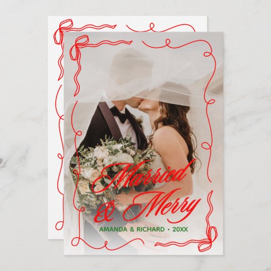 Whimsical Hand getekend Getrouwd & Vrolijk Kerstfe Feestdagenkaart (Voorkant / Achterkant)