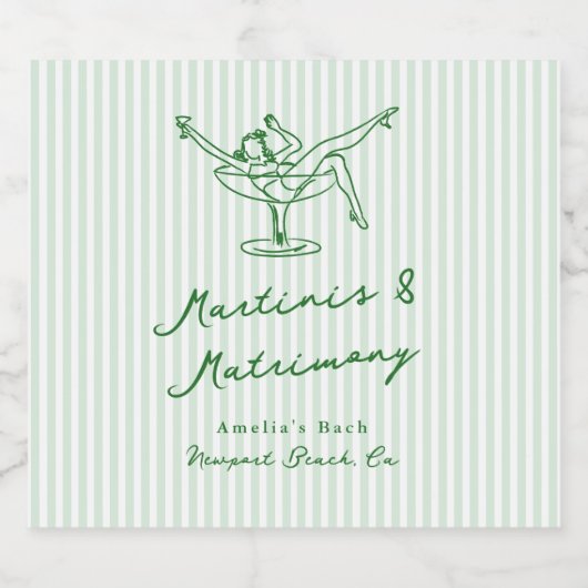 Whimsical Hand getekend Green Martinis & Huwelijk Sparkling Wijnetiket (Enkel label)