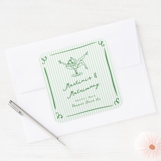 Whimsical Hand getekend Green Martinis & Huwelijk Vierkante Sticker (Envelop)