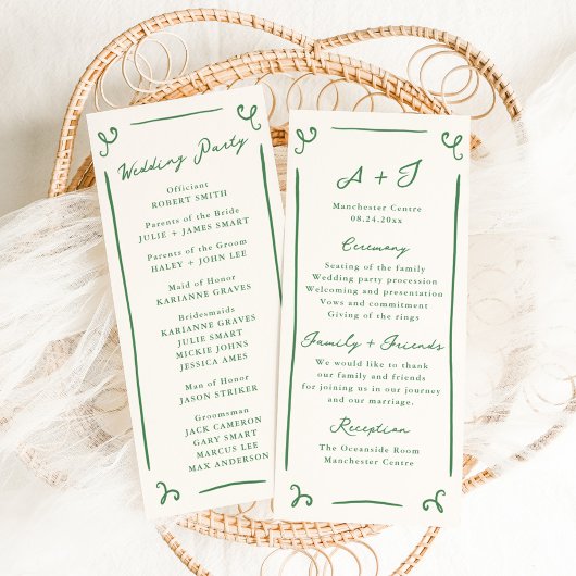 Whimsical Hand Getekend Groen Huwelijksprogramma + Menu