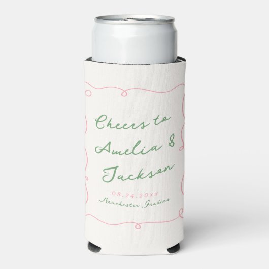 Whimsical Hand getekend Groen & Roze bruiloft Seltzer Blikjeskoeler (Seltzer Voorkant)