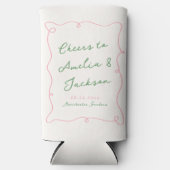 Whimsical Hand getekend Groen & Roze bruiloft Seltzer Blikjeskoeler (Voorkant)