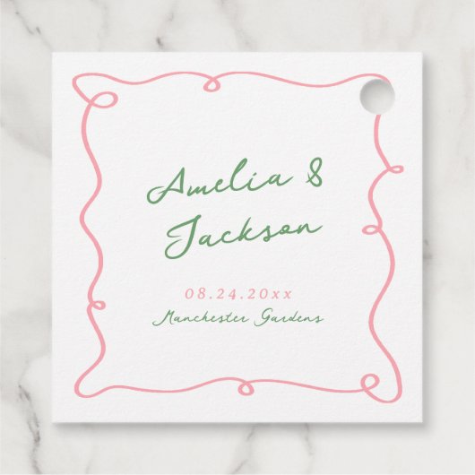 Whimsical Hand getekend Groen & Roze bruiloft serv Bedankjes Labels (Achterkant)