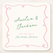 Whimsical Hand getekend Groen & Roze bruiloft serv Kartonnen Onderzetters (Voorkant)