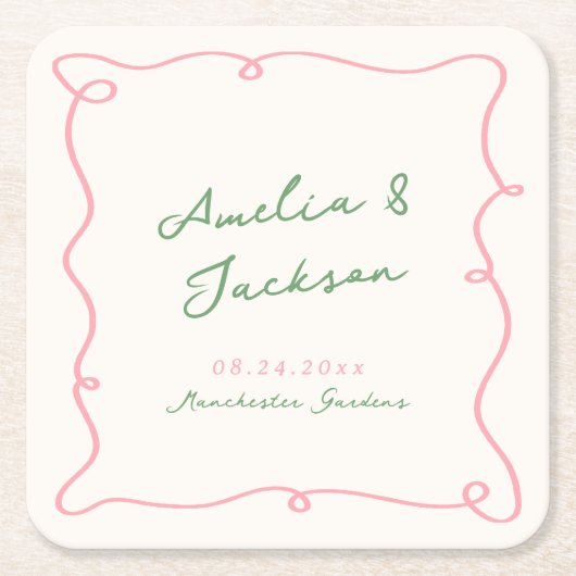 Whimsical Hand getekend Groen & Roze bruiloft serv Kartonnen Onderzetters (Voorkant)