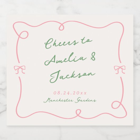 Whimsical Hand getekend Groen & Roze bruiloft Sparkling Wijnetiket (Enkel label)