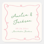 Whimsical Hand getekend Groen & Roze bruiloft Vierkante Sticker (Voorkant)