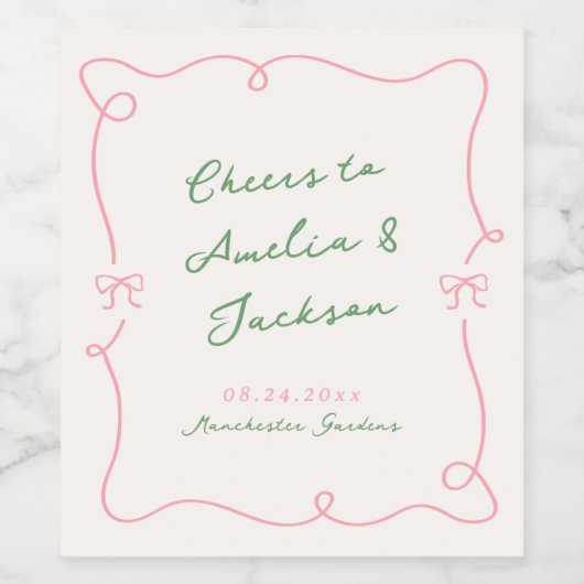 Whimsical Hand getekend Groen & Roze bruiloft Wijn Etiket (Enkel label)