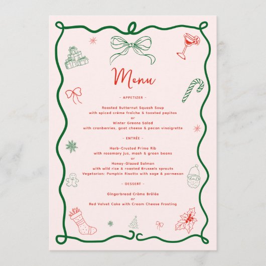 Whimsical Hand getekend Leuk Frans kerstdiner Menu (Voorkant)