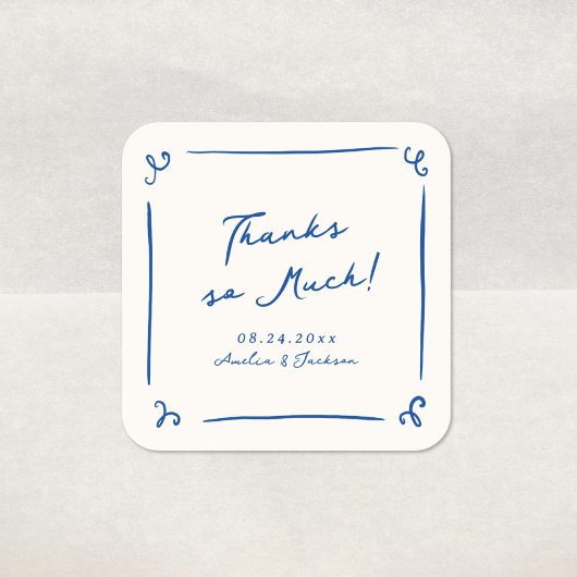 Whimsical Hand getekend marineblauw bruiloft dank  Vierkante Sticker