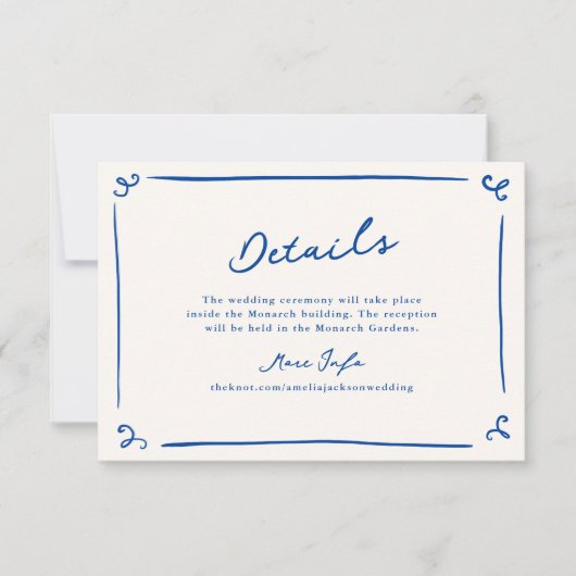Whimsical Hand getekend marineblauw bruiloft detai Kaart (Voorkant)