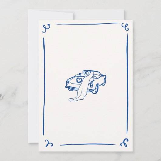 Whimsical Hand getekend marineblauw bruiloft Kaart (Achterkant)