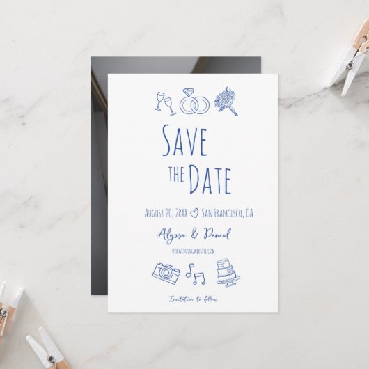 Whimsical Hand getekend Minimal Blauw Wit Foto (Voorkant / Achterkant in situ)