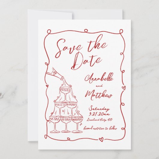Whimsical Hand getekend Rode bruiloft Save the dat Save The Date (Voorkant)