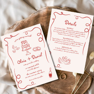 Whimsical Hand getekend Rode details bruiloft Kaart