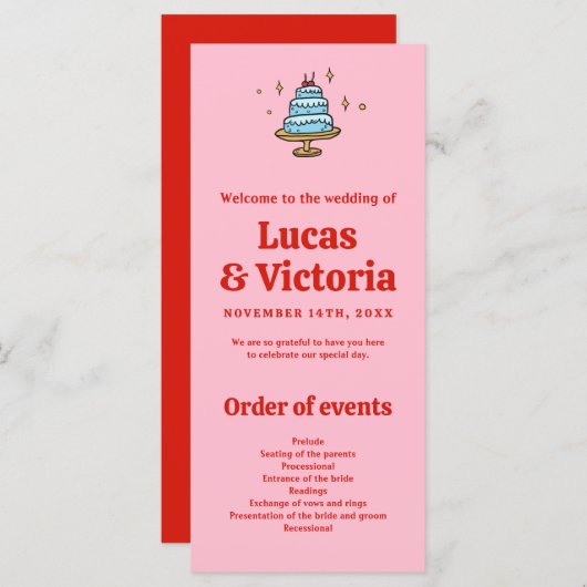 Whimsical Hand getekend Rood & Roze bruiloft progr (Voorkant / Achterkant)