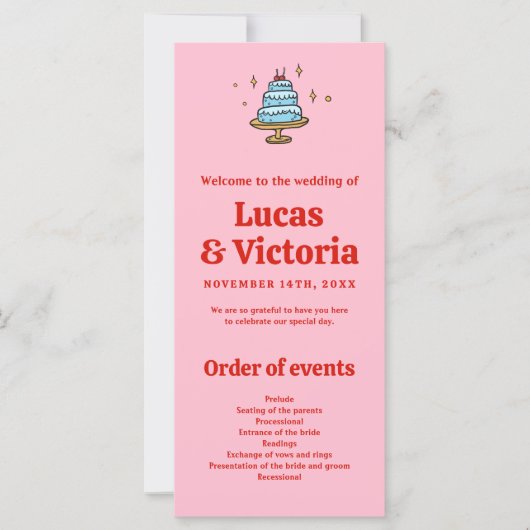 Whimsical Hand getekend Rood & Roze bruiloft progr (Voorkant)