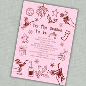 Whimsical Hand getekend Rood Roze Kerstfeest Kaart