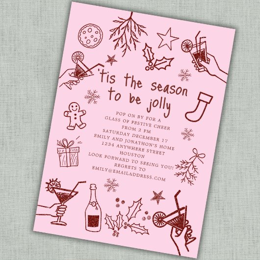 Whimsical Hand getekend Rood Roze Kerstfeest Kaart