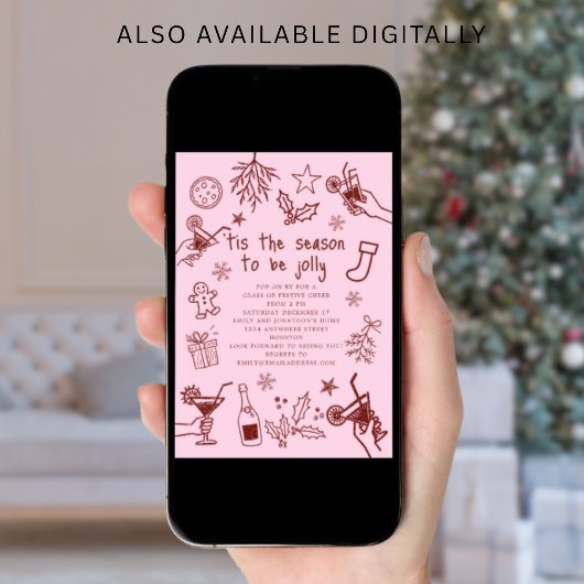 Whimsical Hand getekend Rood Roze Kerstfeest Kaart