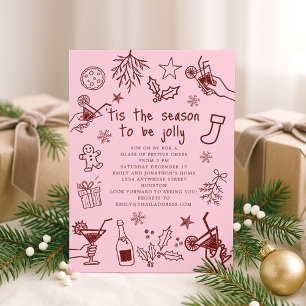 Whimsical Hand getekend Rood Roze Kerstfeest Kaart