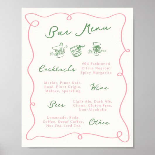 Whimsical Hand getekend Roze & Groen Bar Menu Poster (Voorkant)