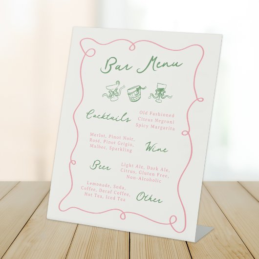 Whimsical Hand getekend Roze & Groen Bar Menu Reclamebord Met Voetstuk