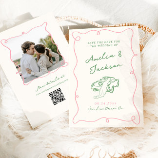 Whimsical Hand getekend Roze & Groen Save the Date Kaart