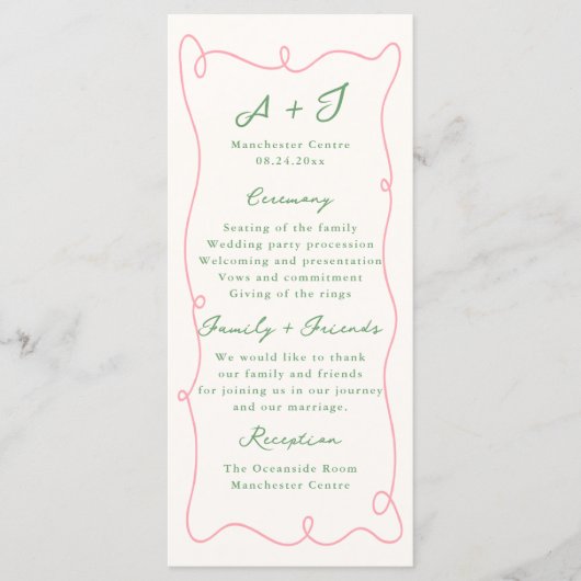 Whimsical Hand getekend Roze & Groen Wedding Progr Menu (Voorkant)