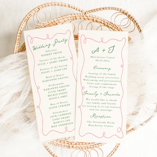 Whimsical Hand getekend Roze & Groen Wedding Progr Menu