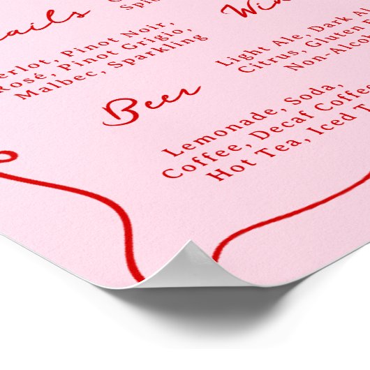 Whimsical Hand getekend Roze & Rode Bar Menu Poster (Hoek)