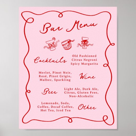 Whimsical Hand getekend Roze & Rode Bar Menu Poster (Voorkant)