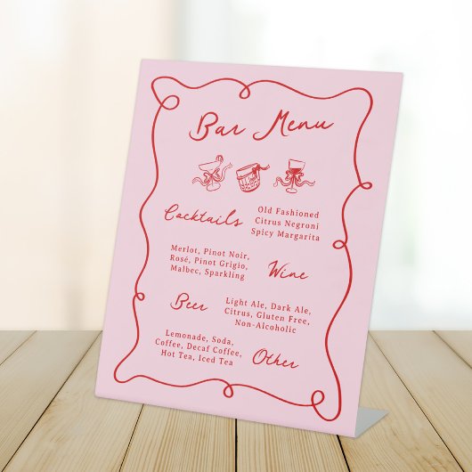 Whimsical Hand getekend Roze & Rode Bar Menu Reclamebord Met Voetstuk