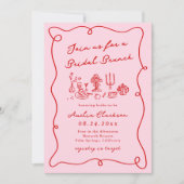 Whimsical Hand getekend Roze & Rode Bruids Brunch Kaart (Voorkant)