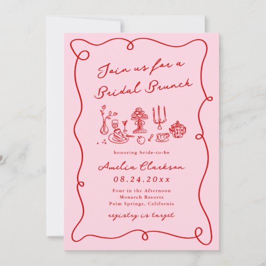 Whimsical Hand getekend Roze & Rode Bruids Brunch Kaart (Voorkant)