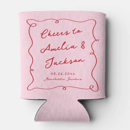 Whimsical Hand getekend Roze & Rode bruiloft Blikjeskoeler (Achterkant)