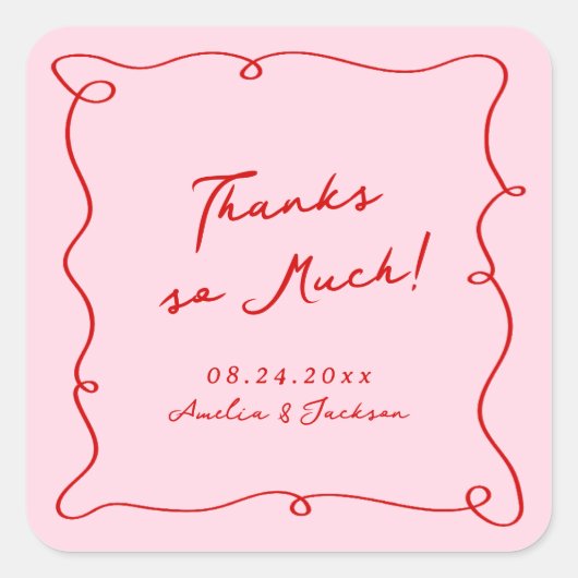 Whimsical Hand getekend Roze & Rode bruiloft Dank Vierkante Sticker (Voorkant)