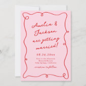 Whimsical Hand getekend Roze & Rode bruiloft + Det Kaart (Voorkant)