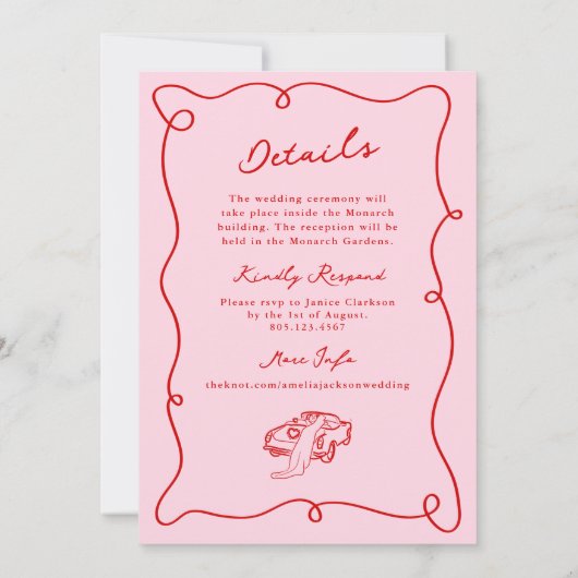 Whimsical Hand getekend Roze & Rode bruiloft + Det Kaart (Achterkant)