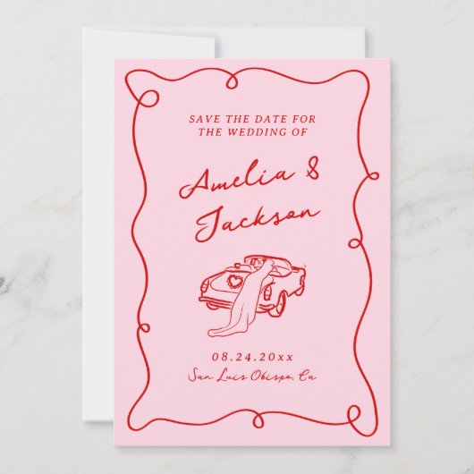 Whimsical Hand getekend Roze & Rode bruiloft + Det Save The Date (Voorkant)