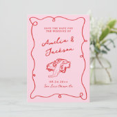 Whimsical Hand getekend Roze & Rode bruiloft + Det Save The Date (Staand voorkant)