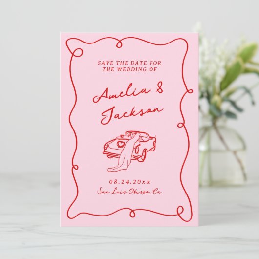 Whimsical Hand getekend Roze & Rode bruiloft + Det Save The Date (Staand voorkant)
