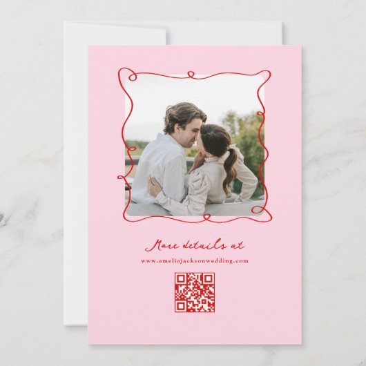 Whimsical Hand getekend Roze & Rode bruiloft + Det Save The Date (Achterkant)