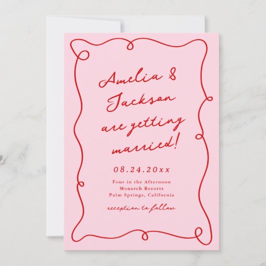 Whimsical Hand getekend Roze & Rode bruiloft Kaart (Voorkant)