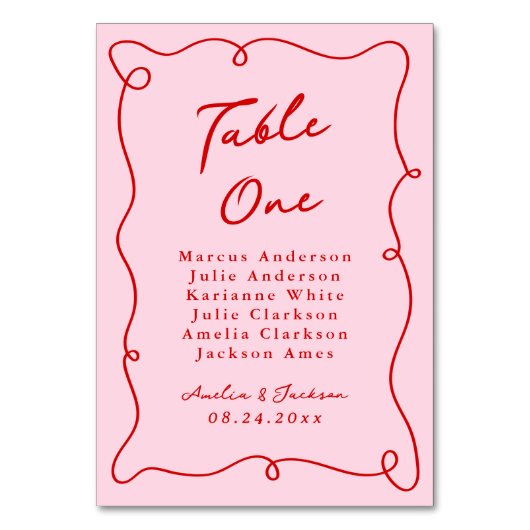 Whimsical Hand getekend Roze & Rode bruiloft Kaart (Voorkant)