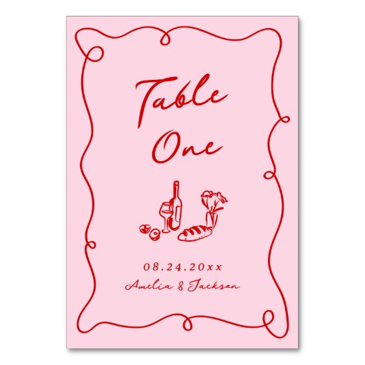 Whimsical Hand getekend Roze & Rode bruiloft Kaart (Voorkant)