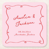Whimsical Hand getekend Roze & Rode bruiloft Kartonnen Onderzetters (Voorkant)